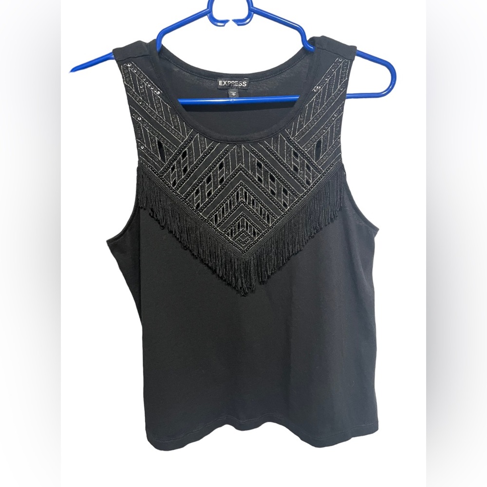 Express Womans Sequin w/Fringe Tank Top / Black and Silver - Medium